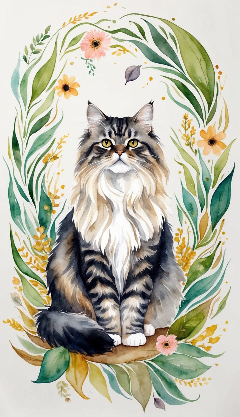 A majestic Persian cat sits among swirling patterns of leaves, flowers, and earthy elements, embodying the essence of Mother Earth in its regal presence