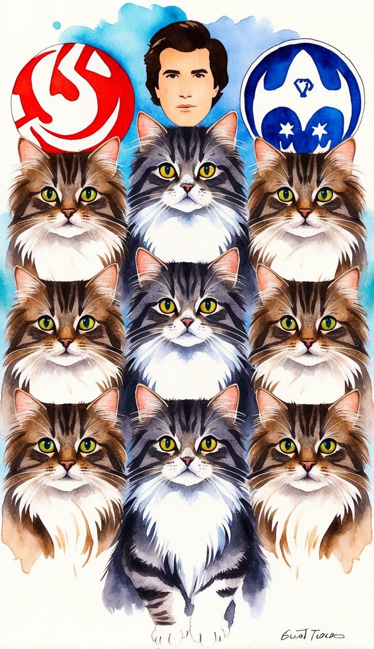 A group of Persian cats surrounded by iconic pop culture symbols and characters