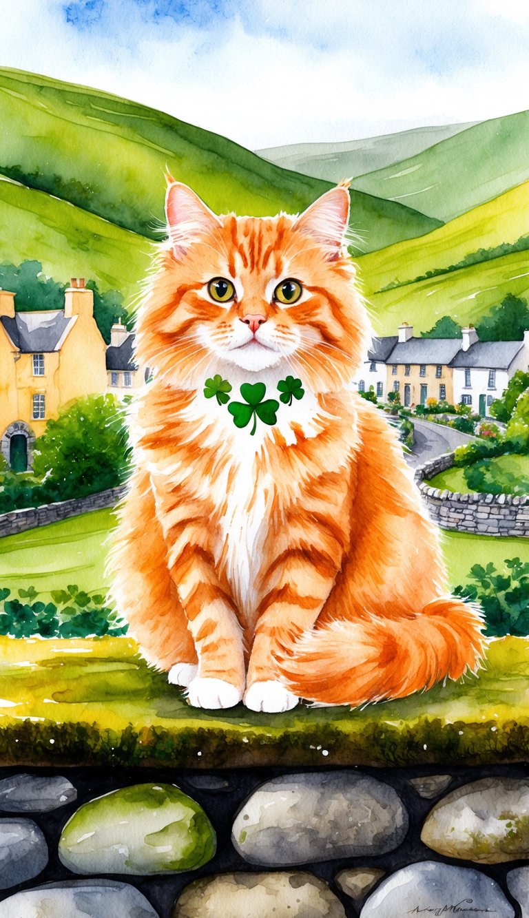 A fluffy orange cat with a shamrock collar sits on a moss-covered stone wall, surrounded by rolling green hills and a quaint Irish village