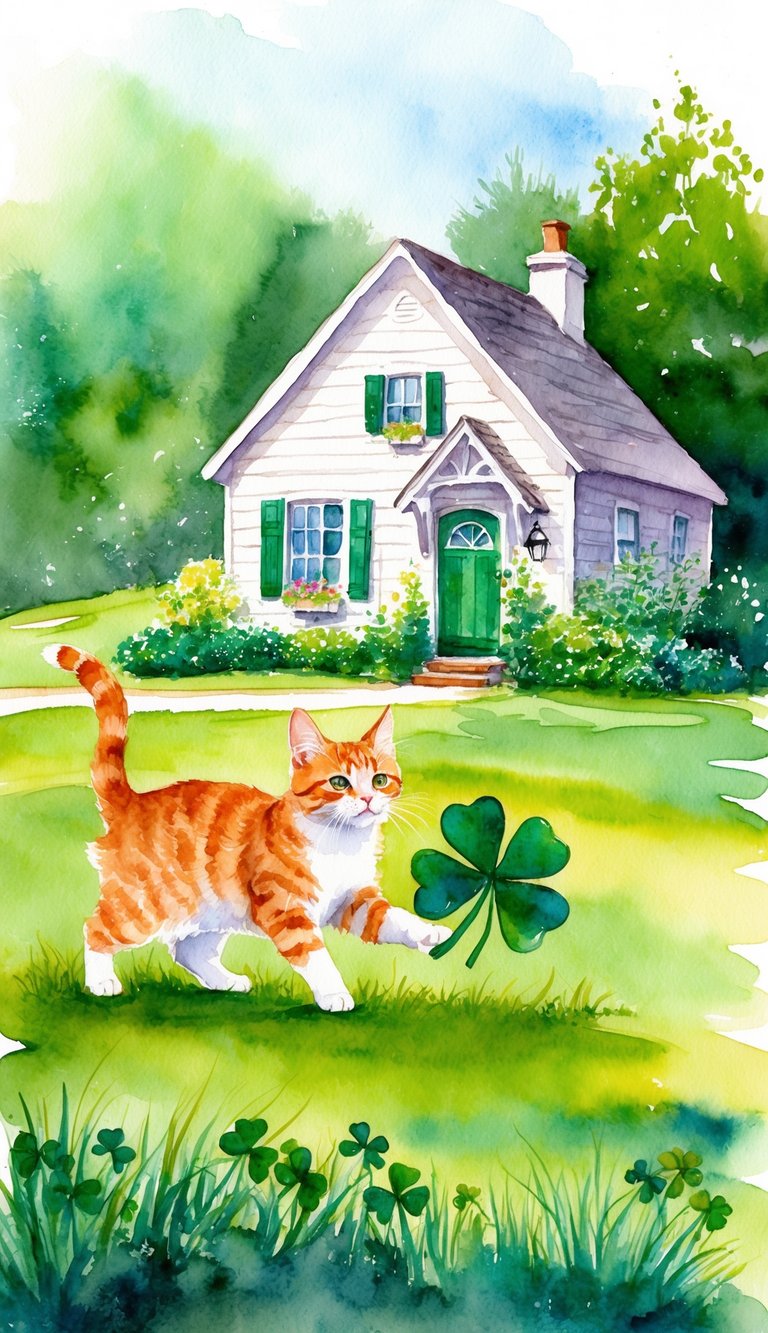 A lush green landscape with a cozy cottage and a mischievous ginger cat playing with a shamrock