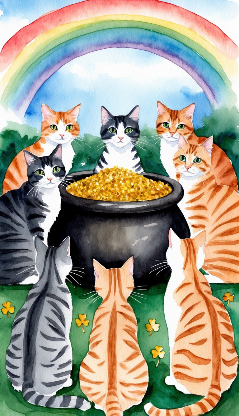 A group of Irish cats with traditional Irish names gather around a pot of gold at the end of a rainbow