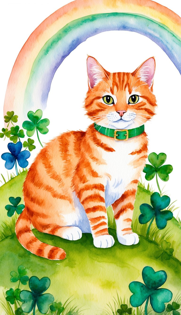 A playful orange tabby cat with a green collar sits on a grassy hill, surrounded by shamrocks and clovers, with a rainbow in the background