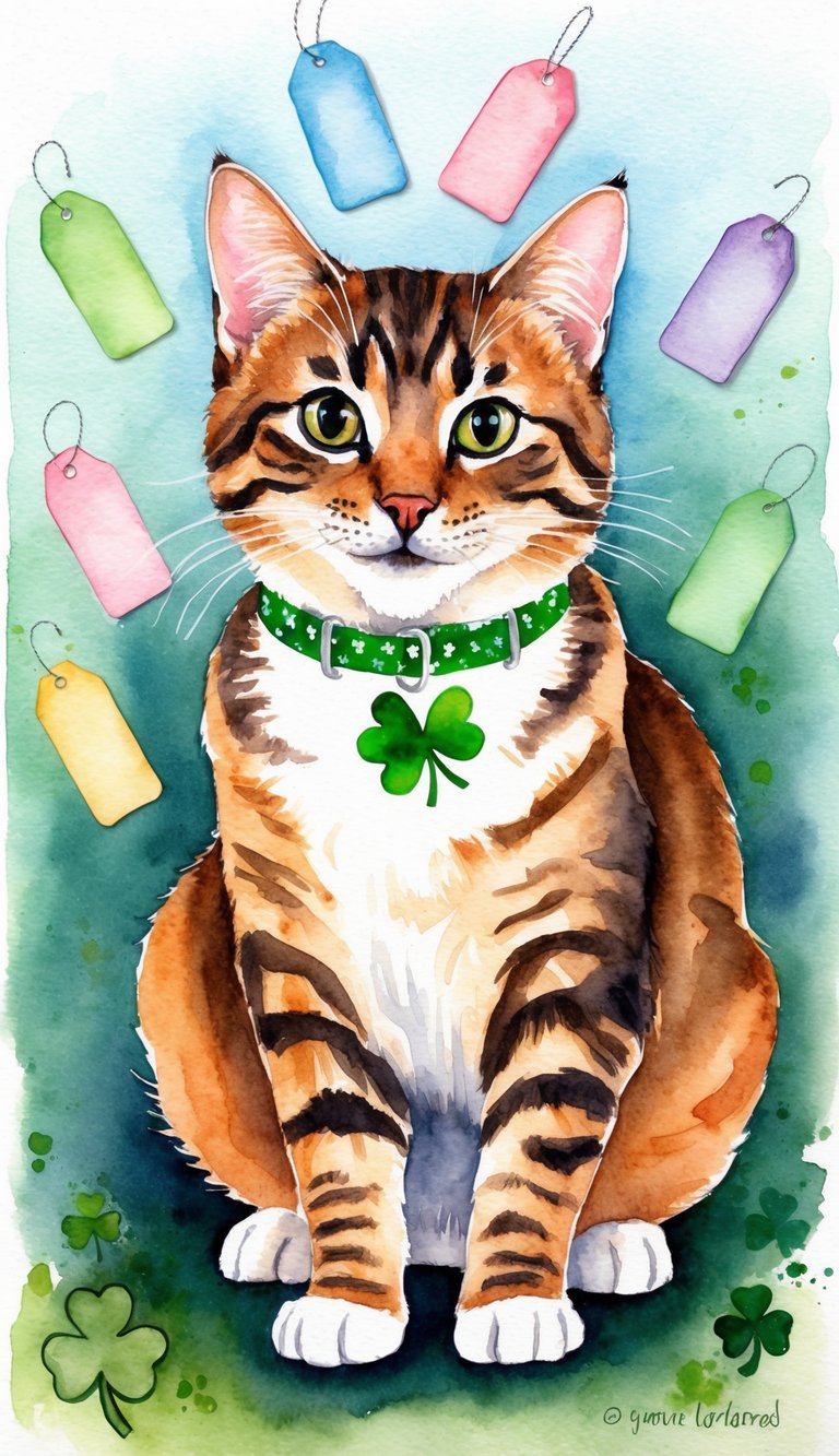 A playful Irish cat with a shamrock collar surrounded by gender-neutral name tags
