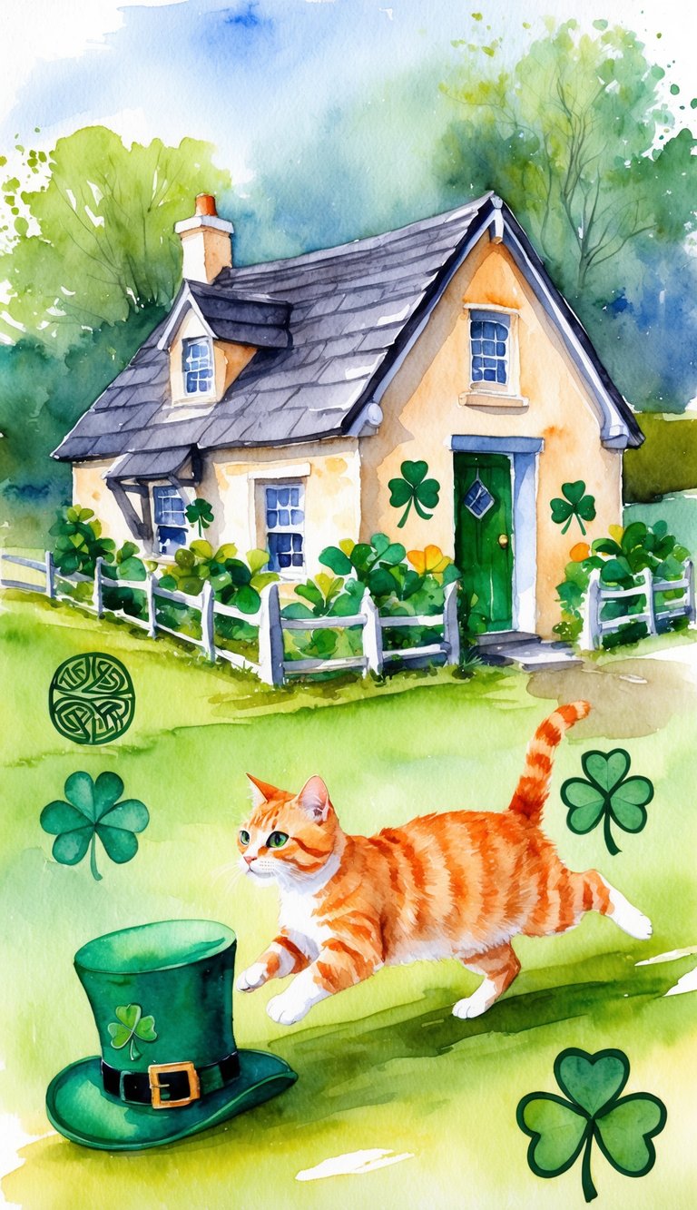A cozy Irish countryside cottage with a playful ginger cat chasing a leprechaun hat among shamrocks and Celtic symbols