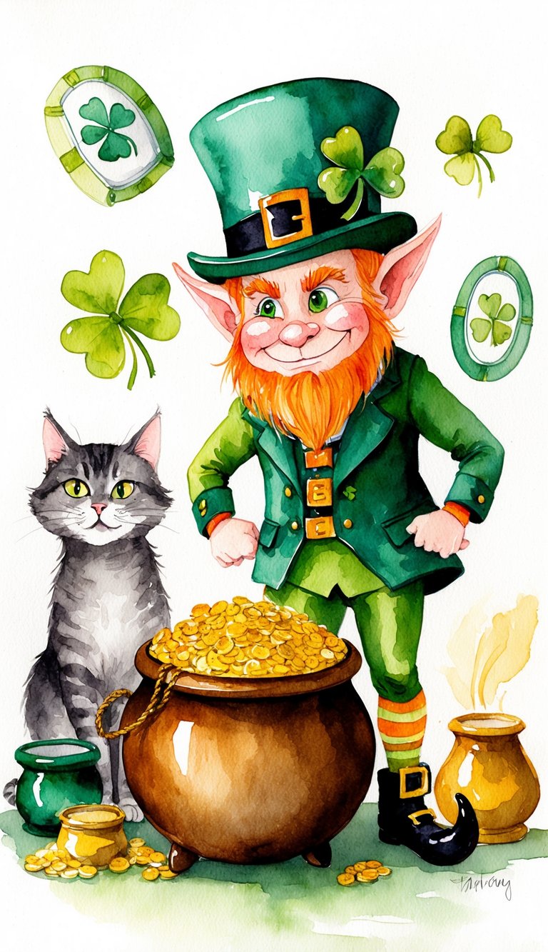 A mischievous leprechaun guarding a pot of gold, surrounded by Irish-themed objects and a mischievous cat