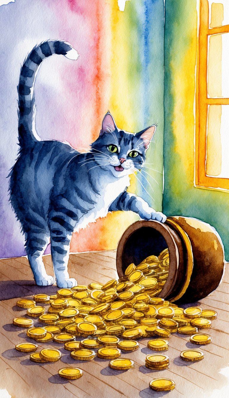 A mischievous cat named Finnegan knocks over a pot of gold coins, scattering them across a rainbow-lit room