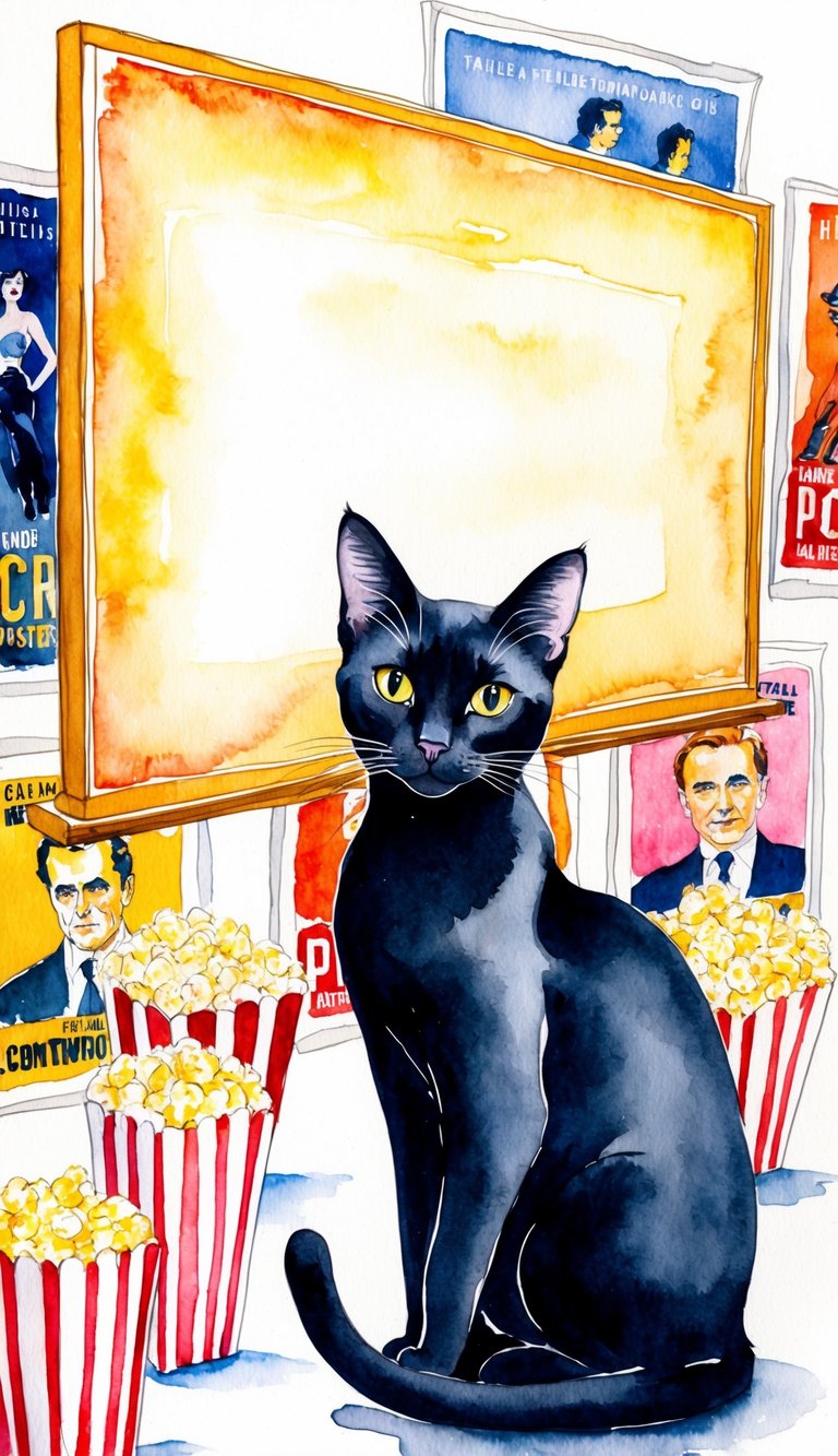 A sleek black cat sits in front of a glowing movie screen, surrounded by iconic film posters and popcorn