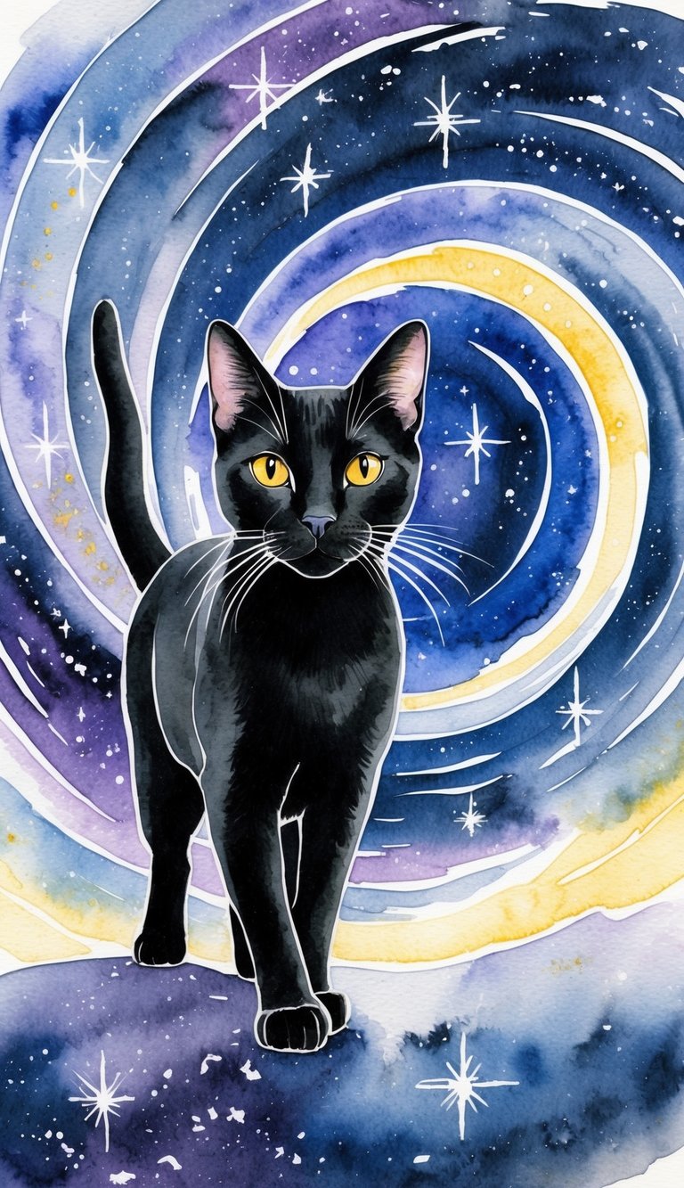 A sleek black cat with bright yellow eyes stands on a cosmic background, surrounded by swirling galaxies and twinkling stars