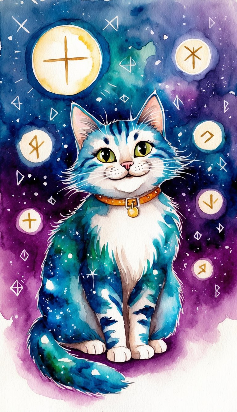 A whimsical cat with a fur pattern resembling the cosmos, surrounded by floating runes and glowing orbs, with a mischievous twinkle in its eye