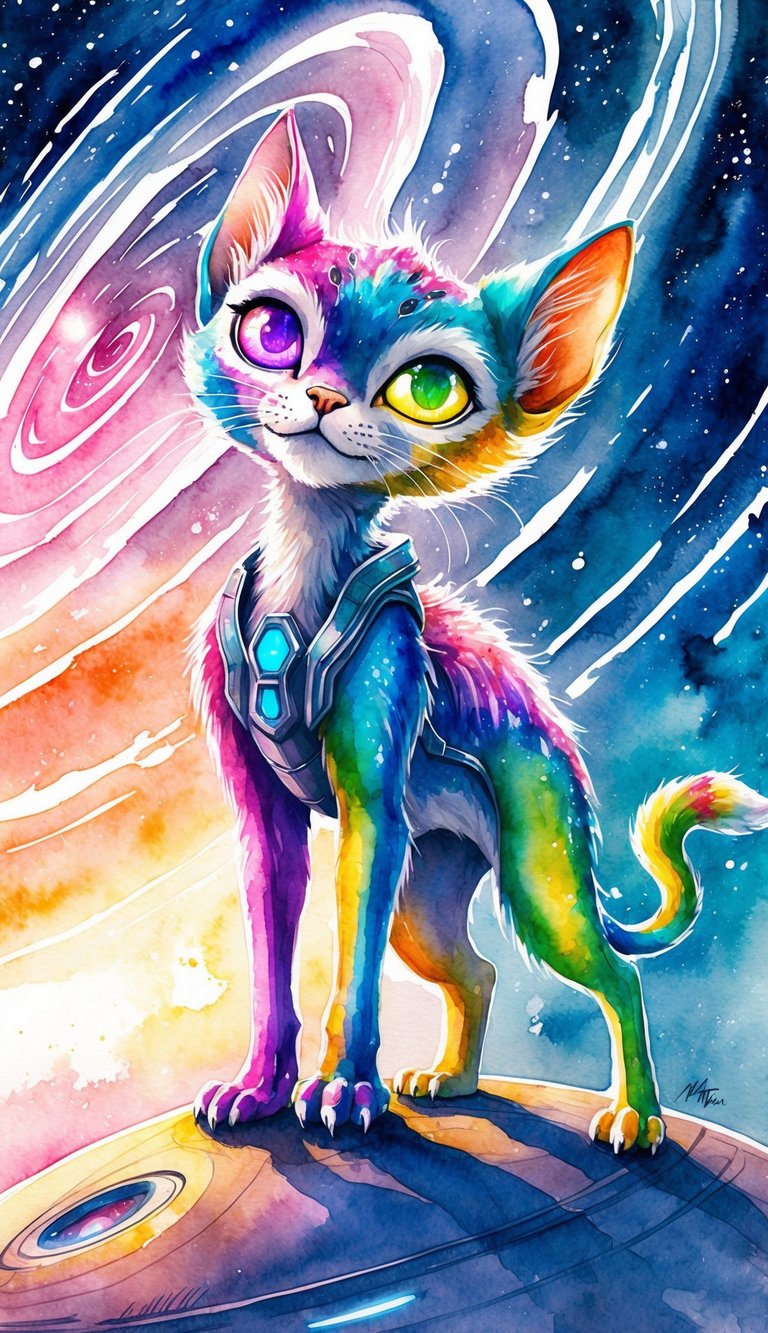A colorful alien feline with glowing eyes and metallic fur stands on a futuristic planet with swirling galaxies in the sky
