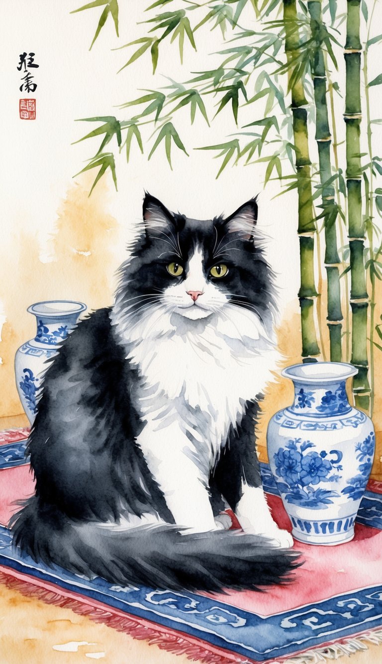 A fluffy black and white cat sits on a traditional Chinese rug, surrounded by ornate porcelain vases and a delicate bamboo plant