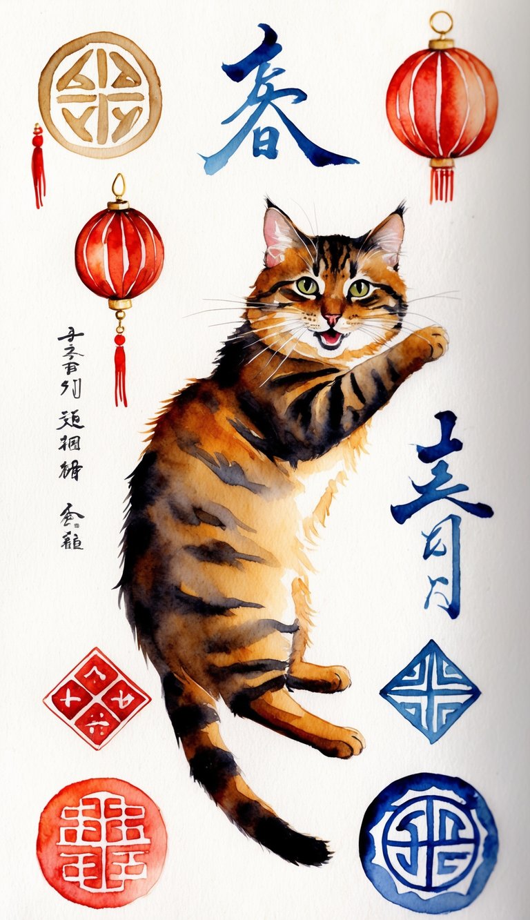 A playful cat surrounded by Chinese symbols and traditional Chinese ornaments