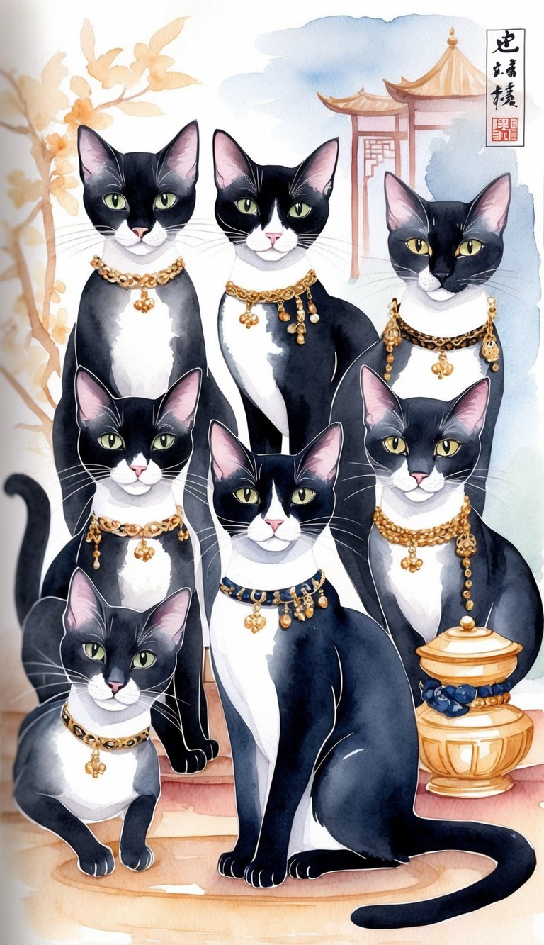 A group of elegant, sleek cats adorned with luxurious accessories, posing gracefully in a Chinese-inspired setting