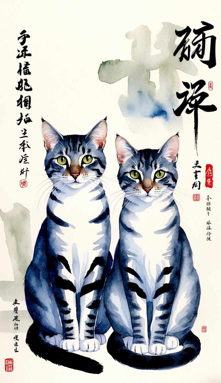 Two tomcats with sleek fur and bright eyes sit side by side, surrounded by Chinese calligraphy and traditional artwork