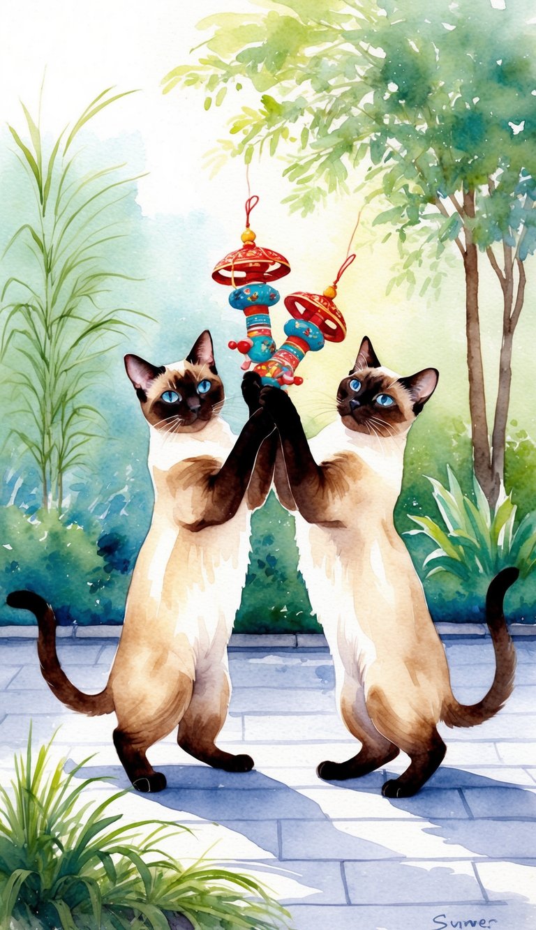Two Siamese cats gracefully playing with Chinese-inspired toys in a tranquil garden setting