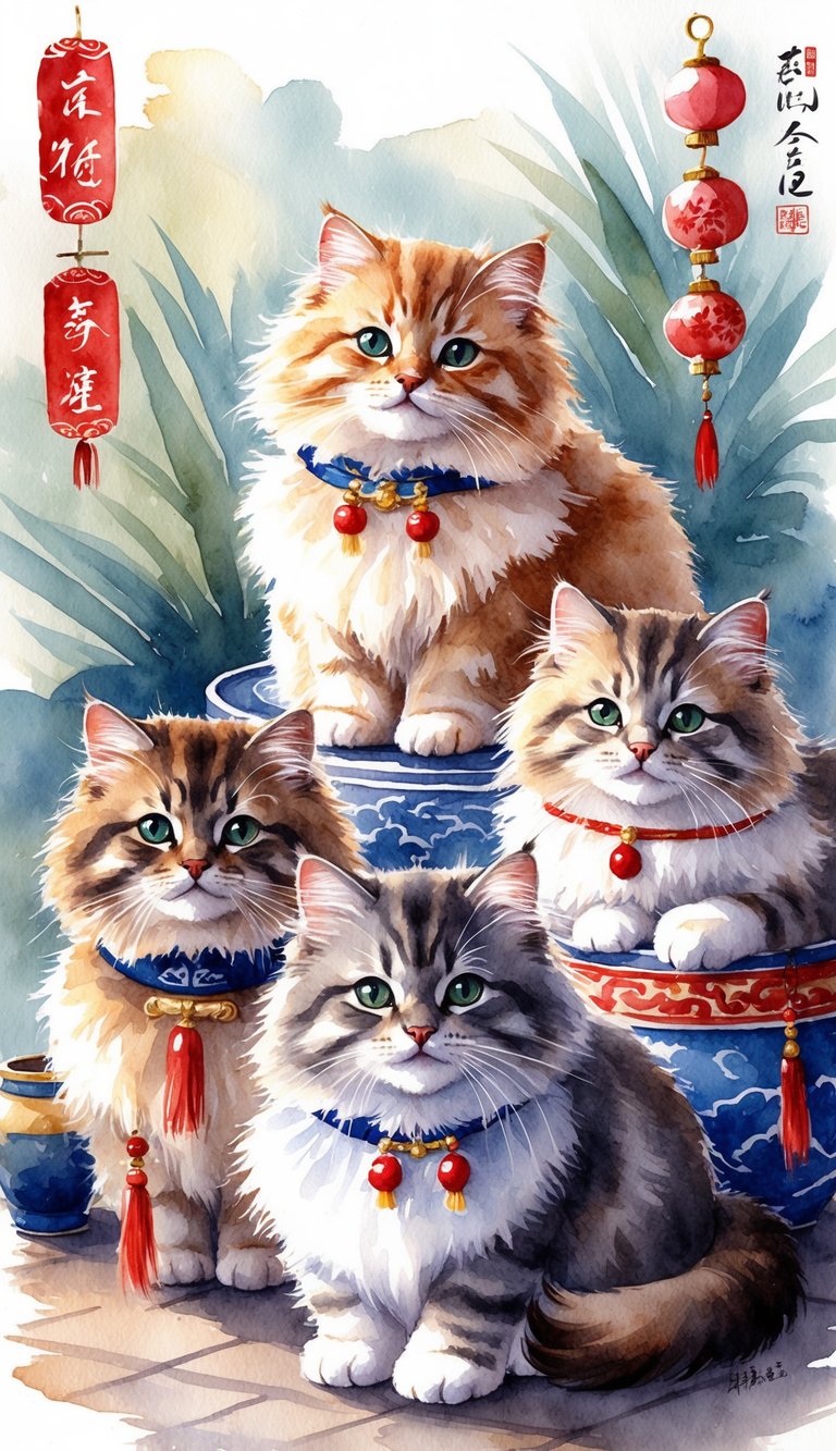 Fluffy cats in oriental setting, adorned with traditional Chinese accessories