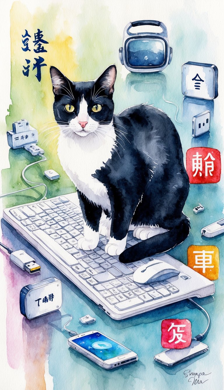 A sleek black and white cat sits on a keyboard surrounded by Chinese characters and tech gadgets