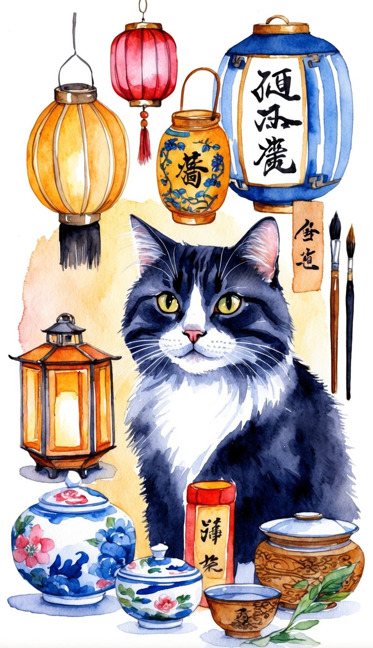 A collection of Chinese cultural symbols, such as lanterns, calligraphy brushes, and tea sets, arranged around a regal-looking cat with a knowledgeable expression