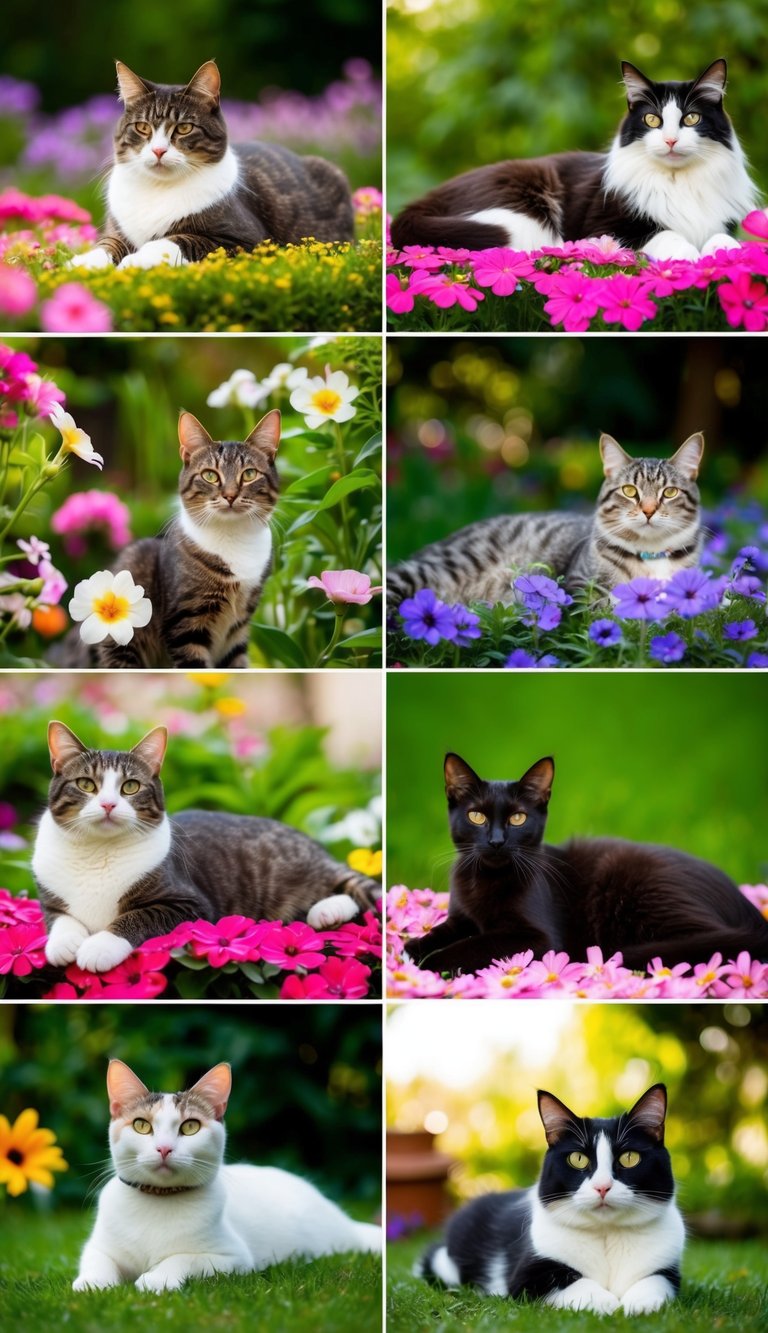 A serene garden with 10 different stunning cat breeds lounging on vibrant flowers and lush greenery, each showcasing their unique beauty and elegance