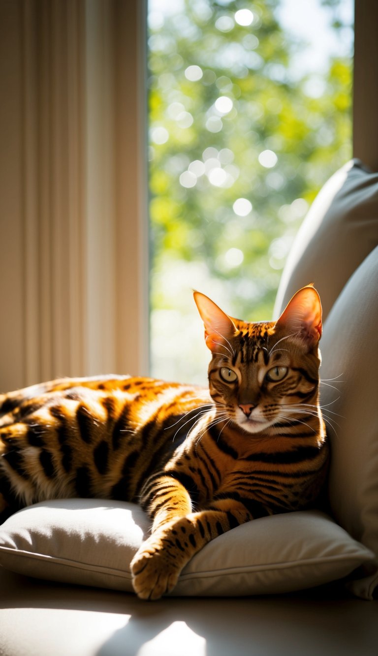 A majestic Bengal cat lounging on a luxurious cushion, its sleek coat glistening in the sunlight filtering through a window