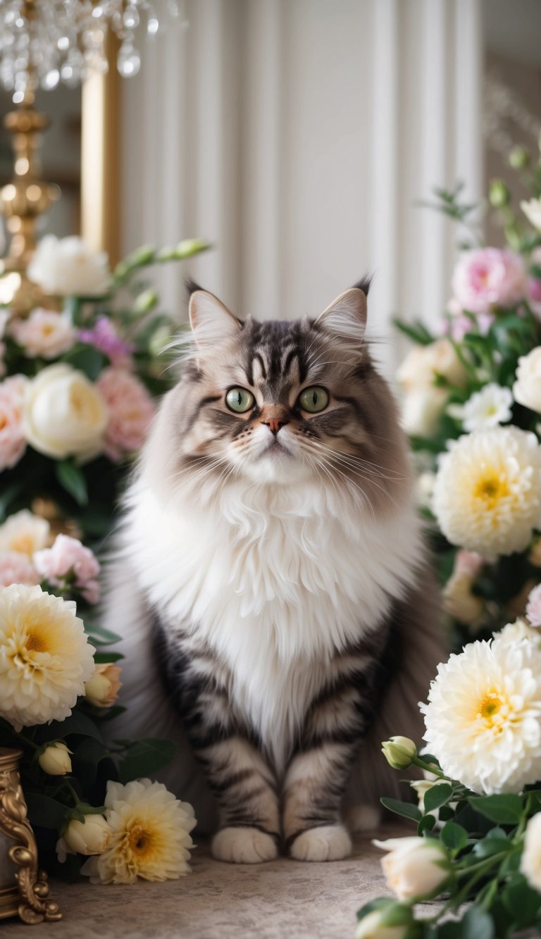 A regal Persian cat surrounded by lush flowers and elegant decor, exuding grace and beauty