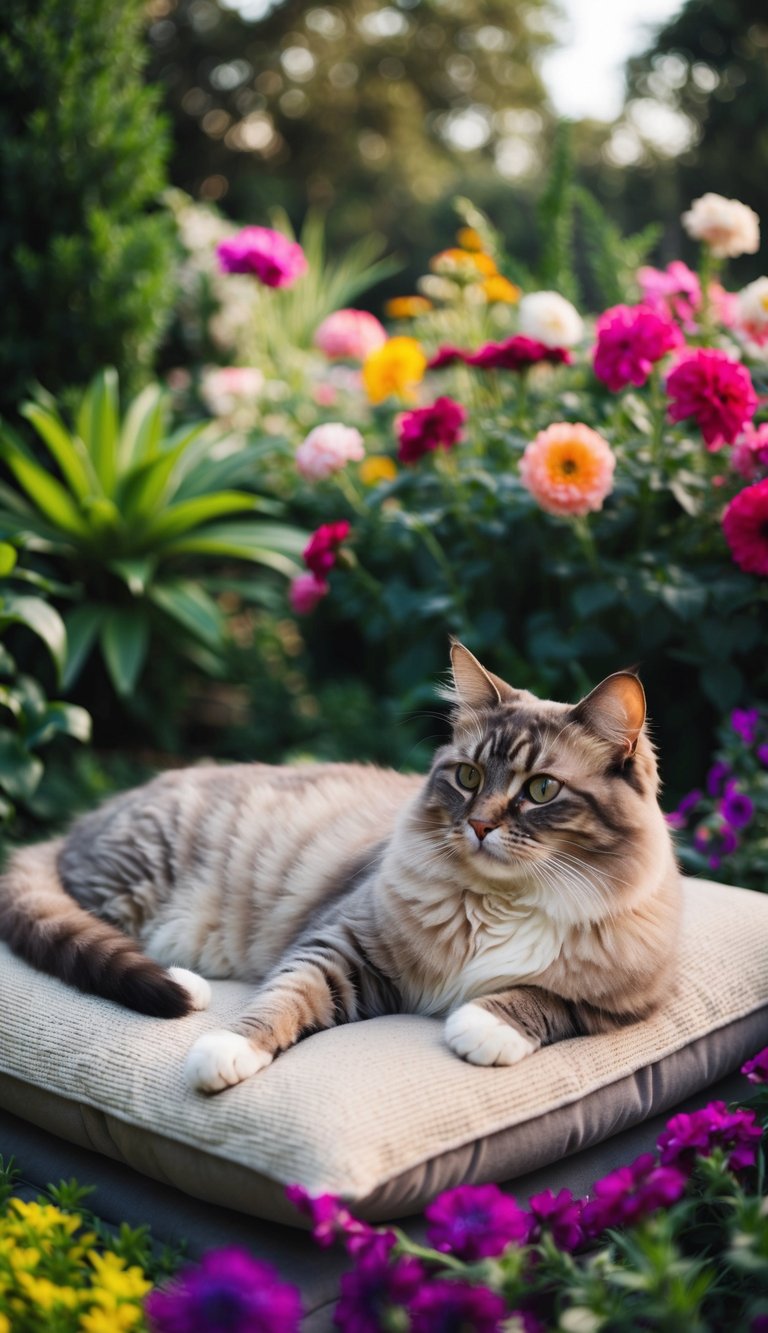 A majestic Ragdoll cat lounging gracefully on a plush cushion, surrounded by an array of vibrant flowers and lush greenery