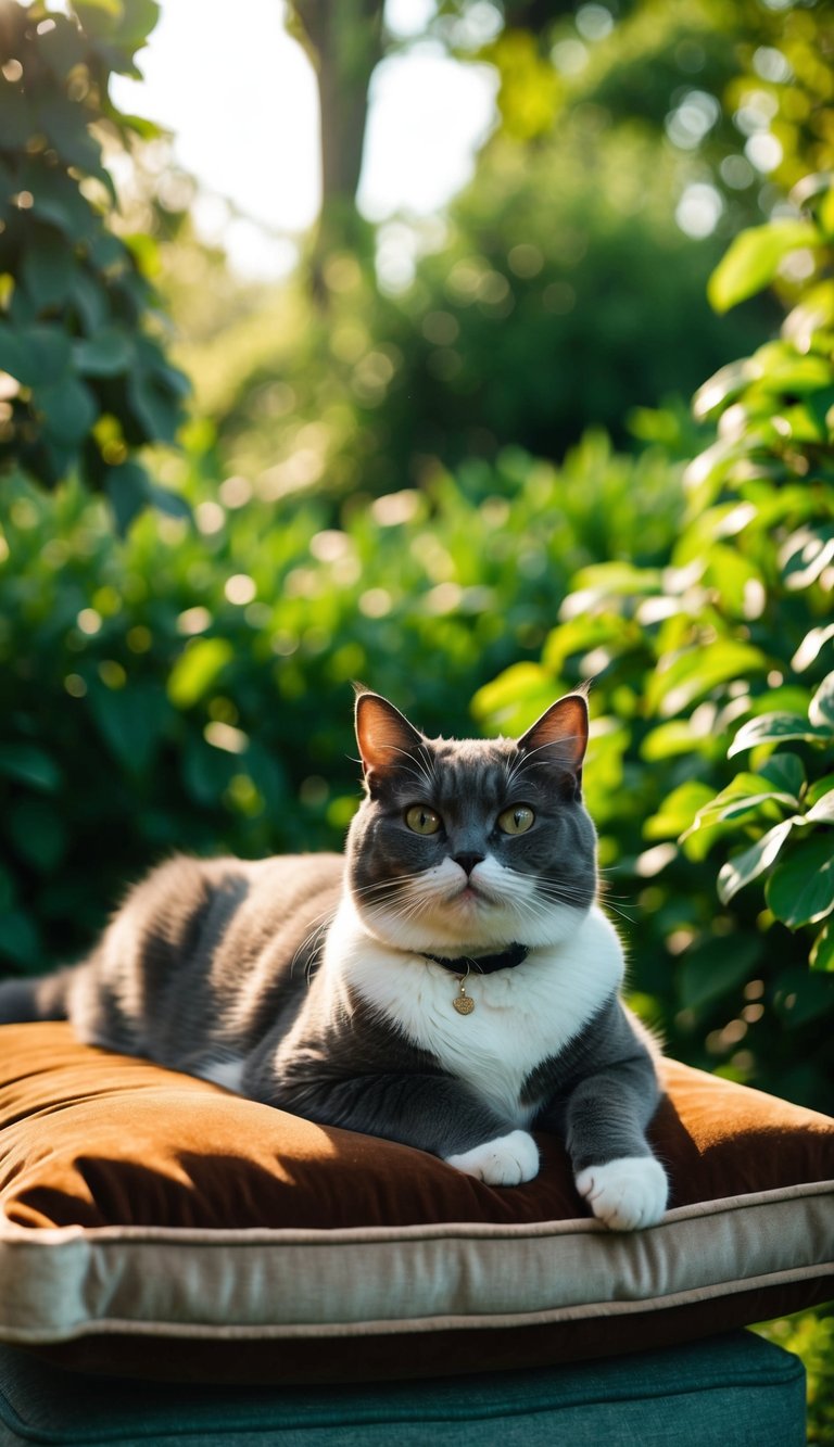 A regal British Shorthair cat lounges on a velvet cushion, surrounded by lush greenery and bathed in soft sunlight