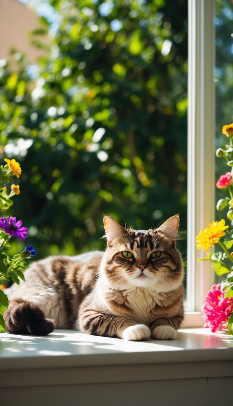 A Scottish Fold cat lounging in a sunlit window, surrounded by lush greenery and colorful flowers, with a serene expression on its face