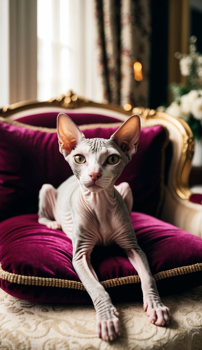 A regal Sphynx cat lounges on a luxurious velvet cushion, surrounded by opulent decor and bathed in soft, natural light