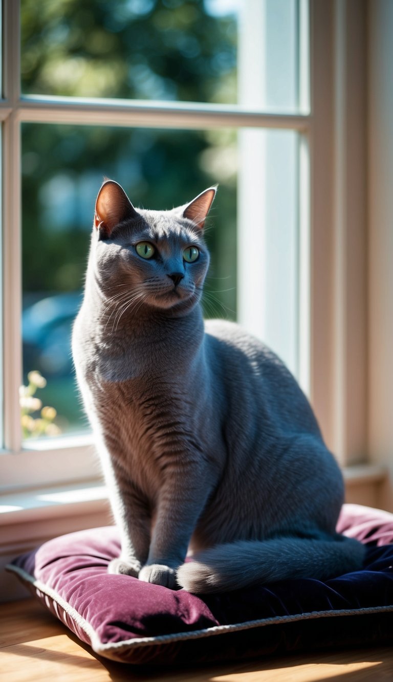A sleek Russian Blue cat sits regally on a velvet cushion, its piercing green eyes gazing off into the distance. Sunshine streams through a nearby window, casting a soft glow on its luxurious silver-blue fur