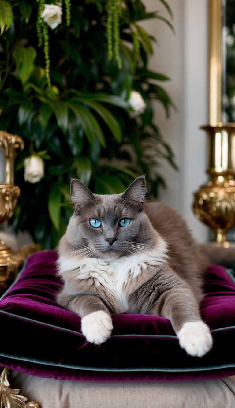 A regal Birman cat lounges on a velvet cushion, surrounded by lush greenery and elegant decor. Its piercing blue eyes and luxurious fur exude beauty and grace