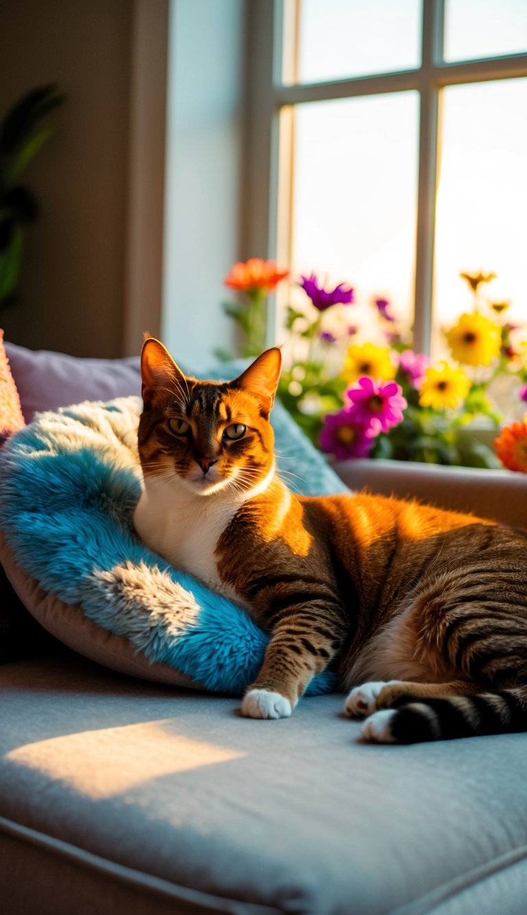 An Abyssinian cat lounging on a plush cushion, surrounded by colorful flowers and basking in the warm sunlight streaming through a window