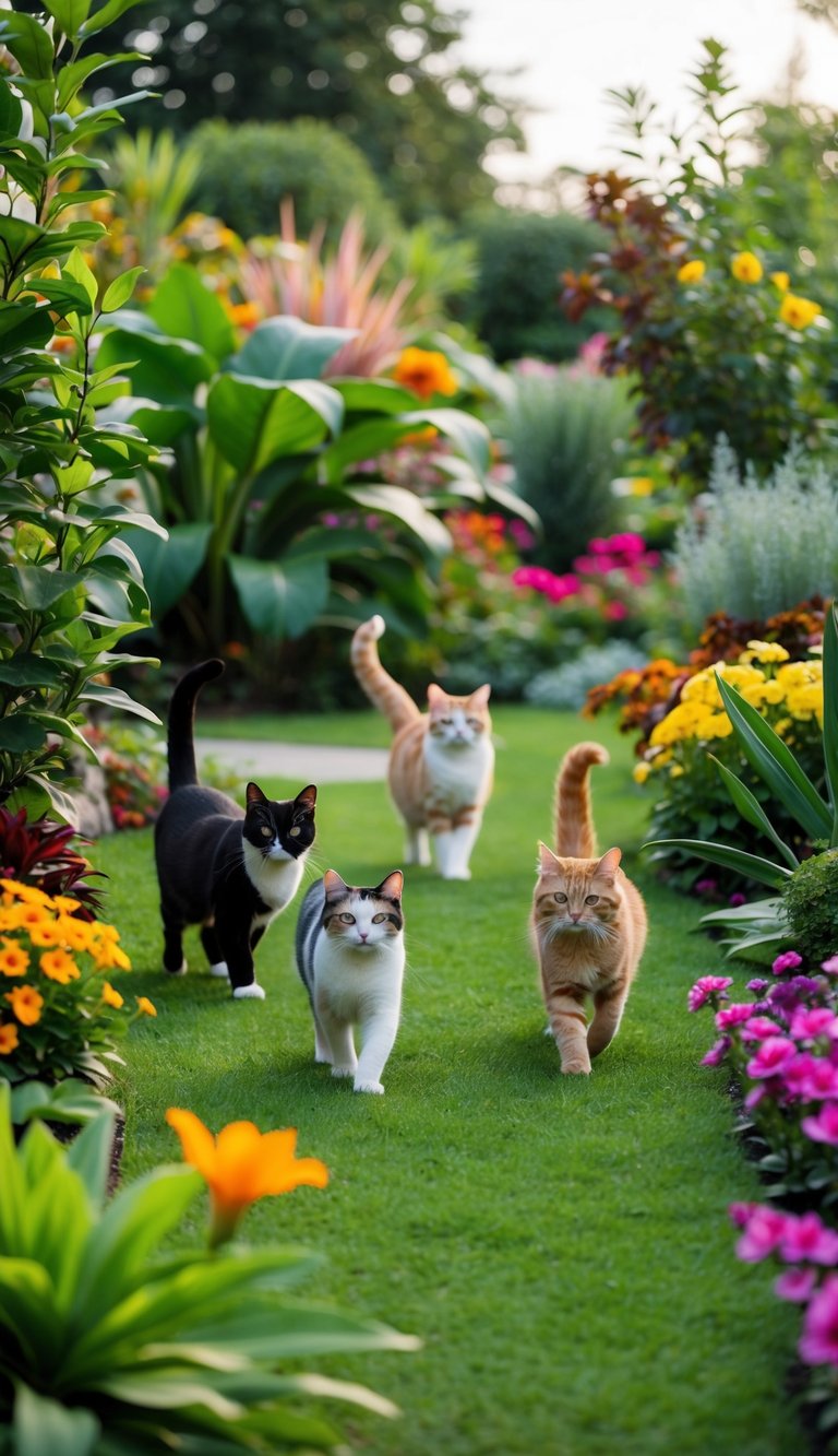 A lush garden with a variety of exotic flowers and plants, where elegant and colorful cat breeds roam freely, showcasing their unique beauty and grace