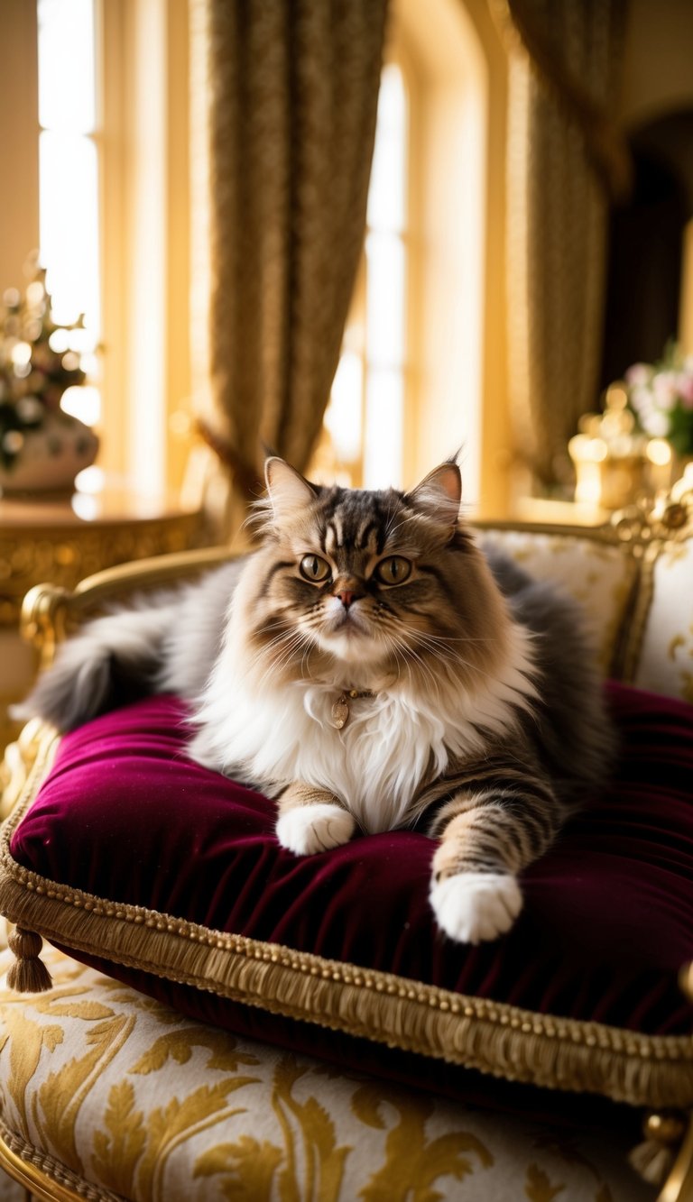 A regal Persian cat lounging on a luxurious velvet cushion, surrounded by opulent decor and bathed in soft, golden light