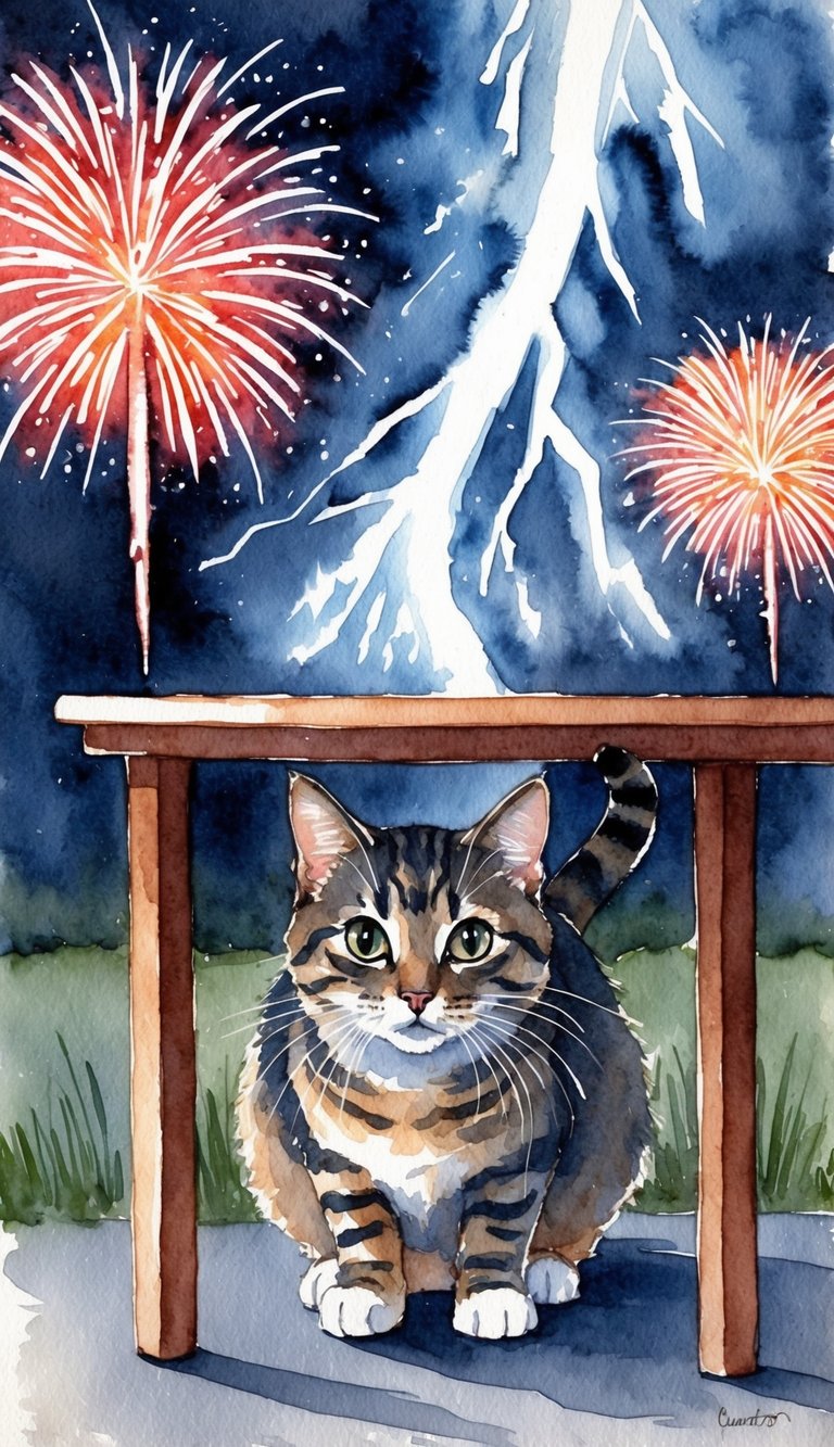 A cat crouches under a table, wide-eyed as lightning flashes and fireworks explode outside