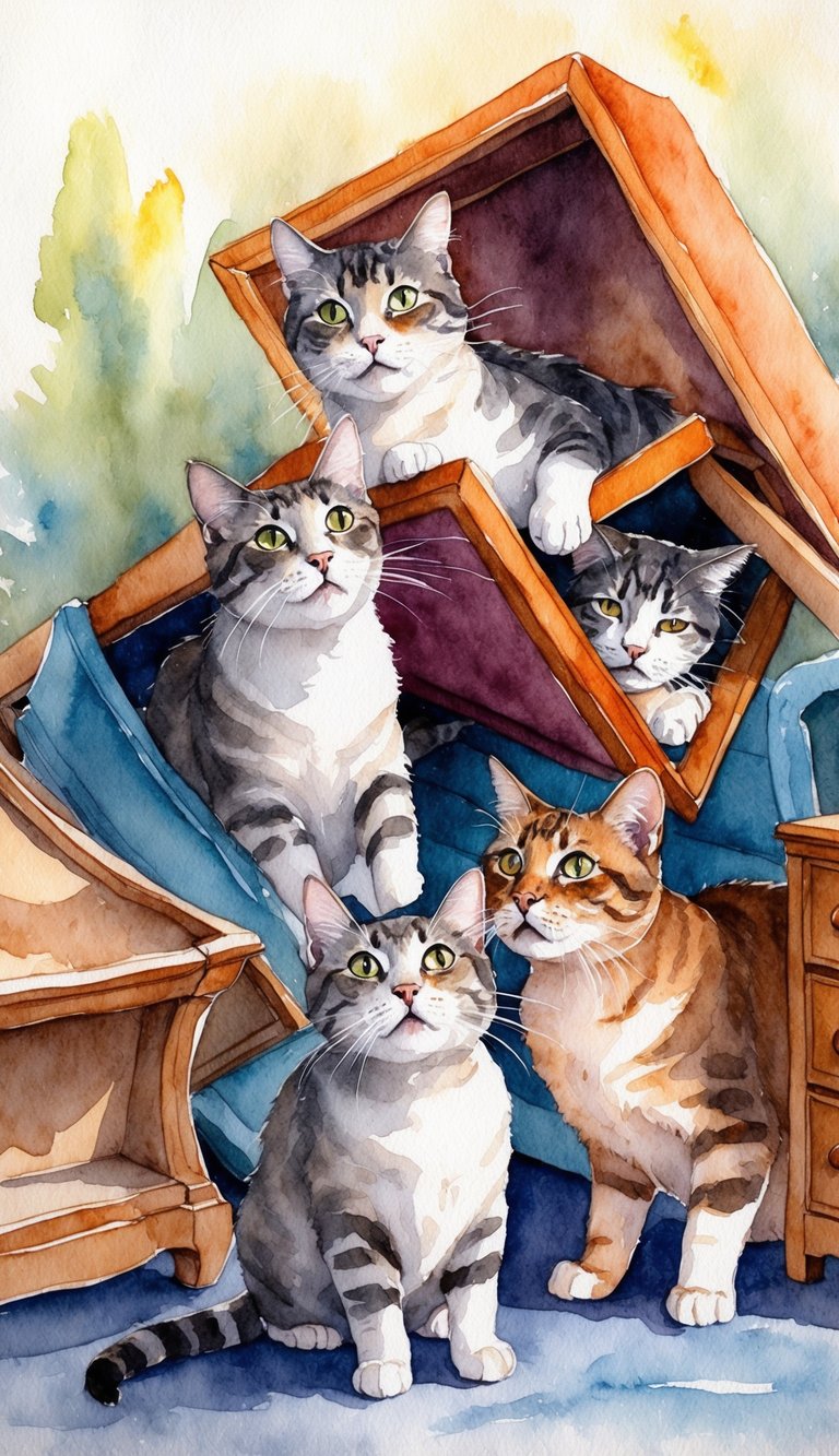 Cats surrounded by overturned furniture, looking bewildered and stressed