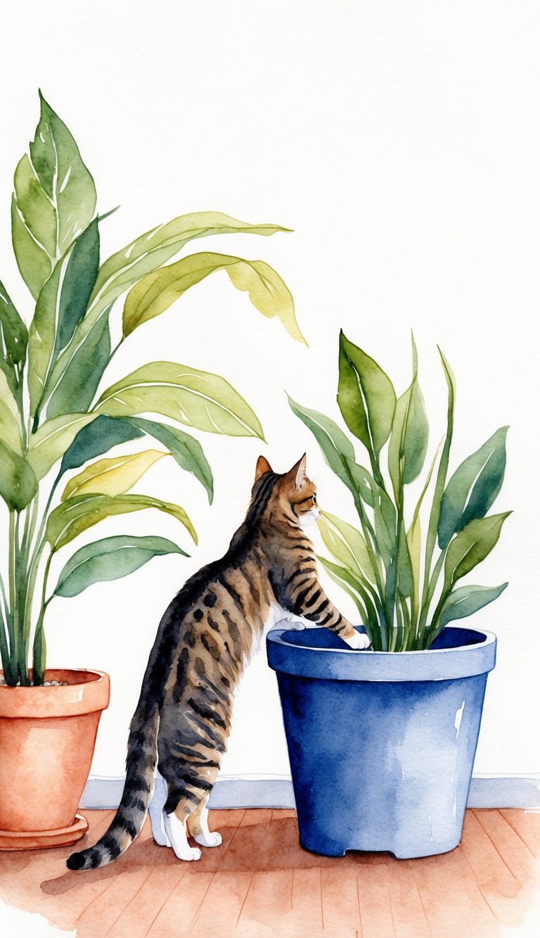 A cat turning away from a traditional litter box and instead using a potted plant as a makeshift bathroom
