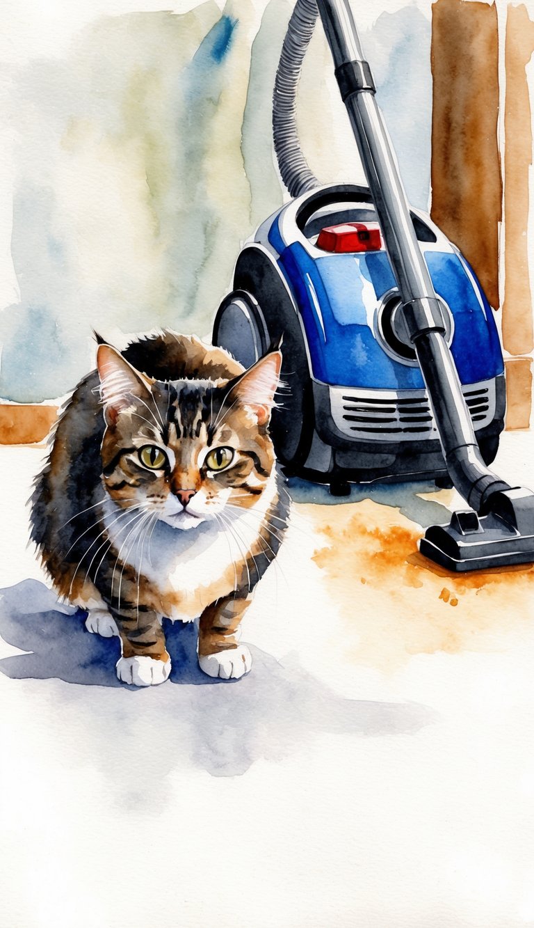 A startled cat crouches low, ears flattened, as a vacuum cleaner roars to life nearby