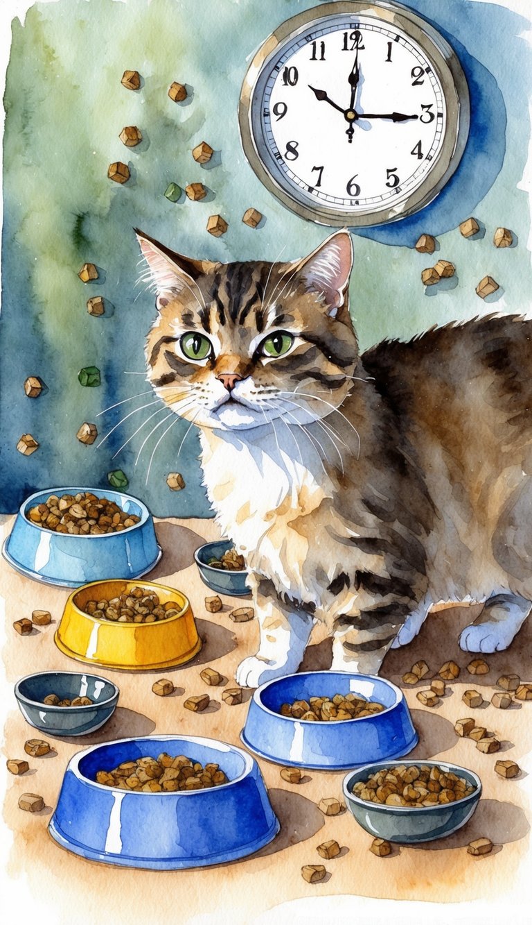 A cat surrounded by scattered objects, disrupted food bowls, and a clock showing different times, with a look of distress on its face