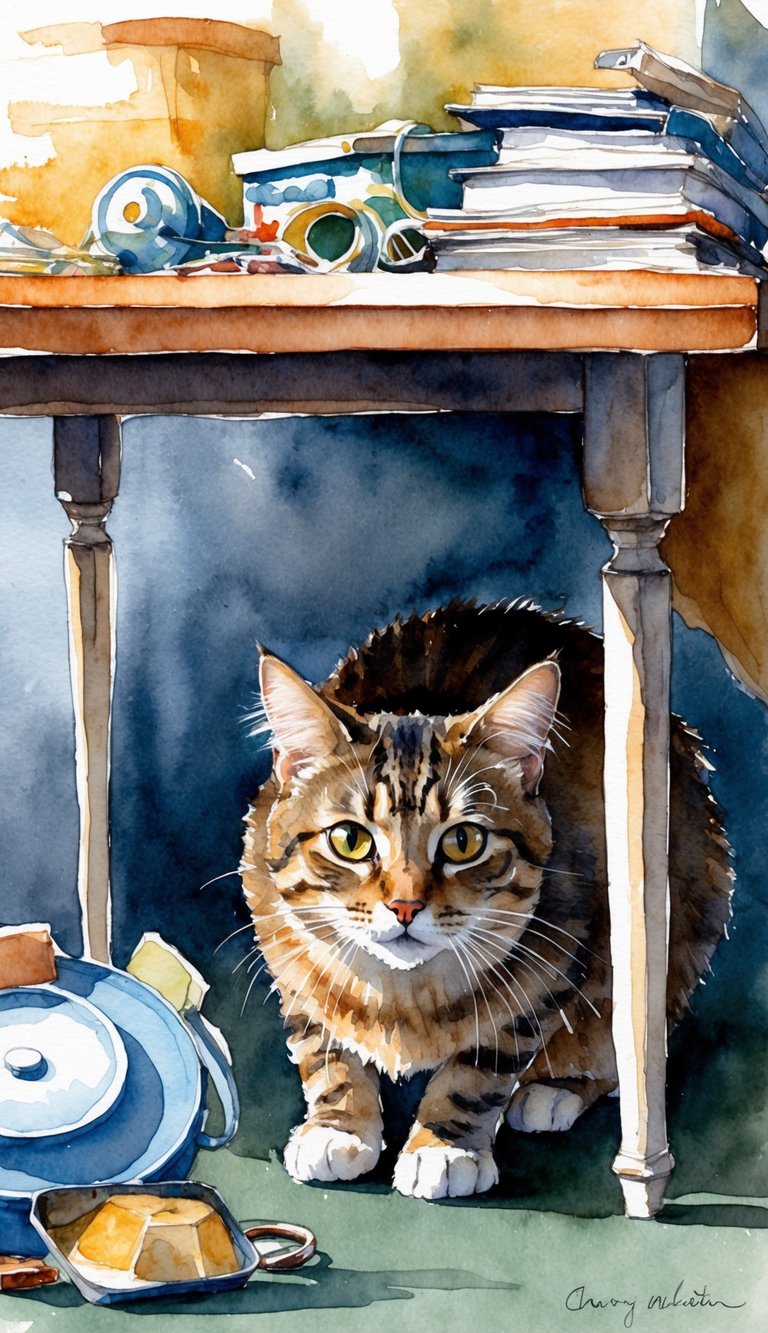 A cat crouching under a table, surrounded by clutter and loud noises