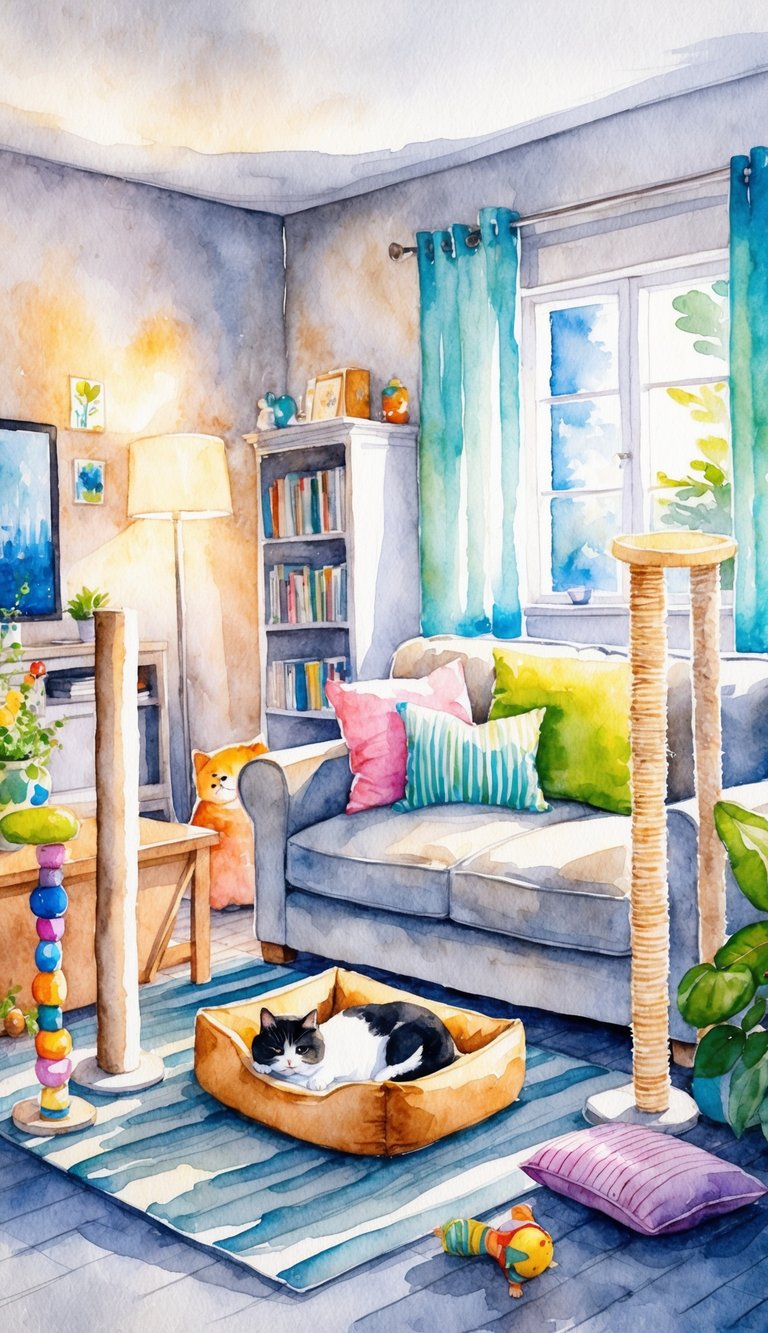 A cozy living room with soft lighting, a comfortable cat bed, and calming music playing in the background. A variety of toys and scratching posts are scattered around the room