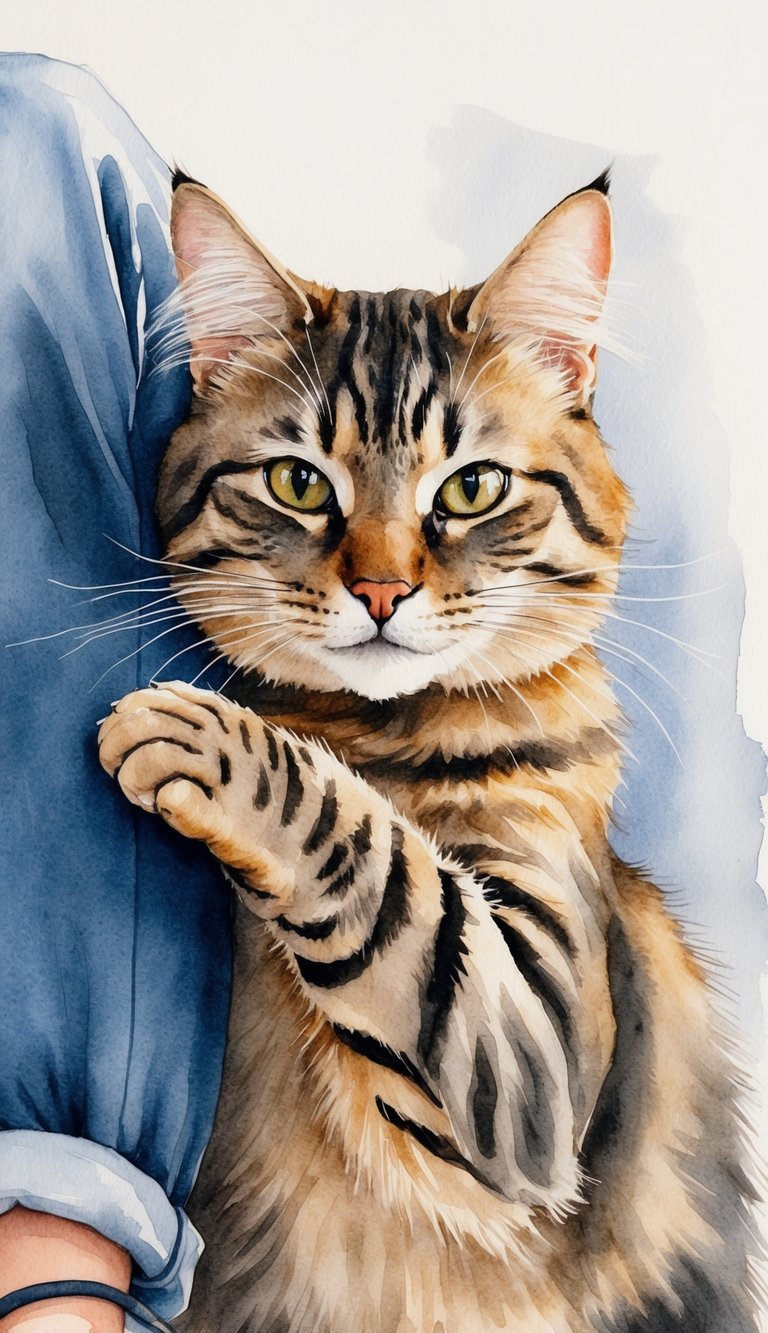 A cat rubbing its head against a person's leg, purring and making eye contact while kneading with its paws