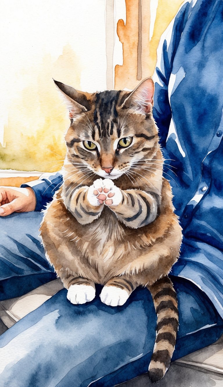 A cat sitting on a person's lap, kneading with their paws in a cozy and affectionate manner