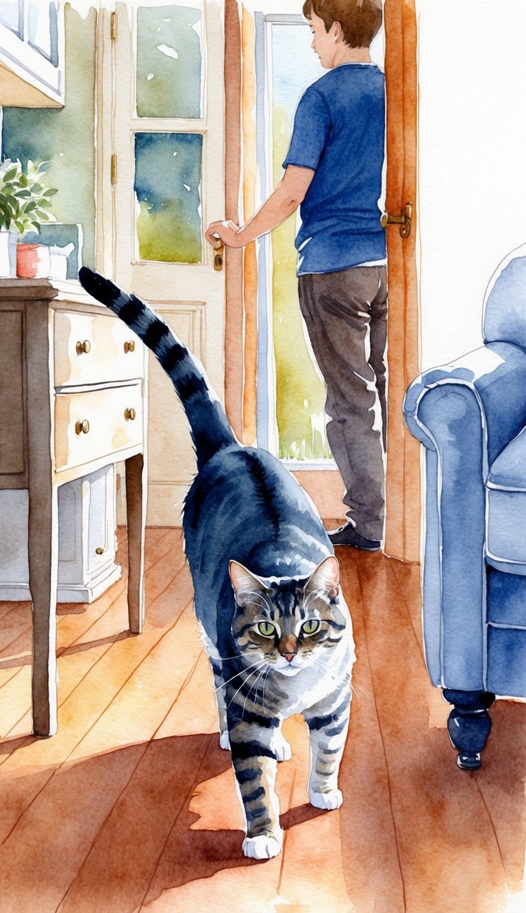 A cat following its owner from room to room, rubbing against furniture and purring, showing affection in subtle ways