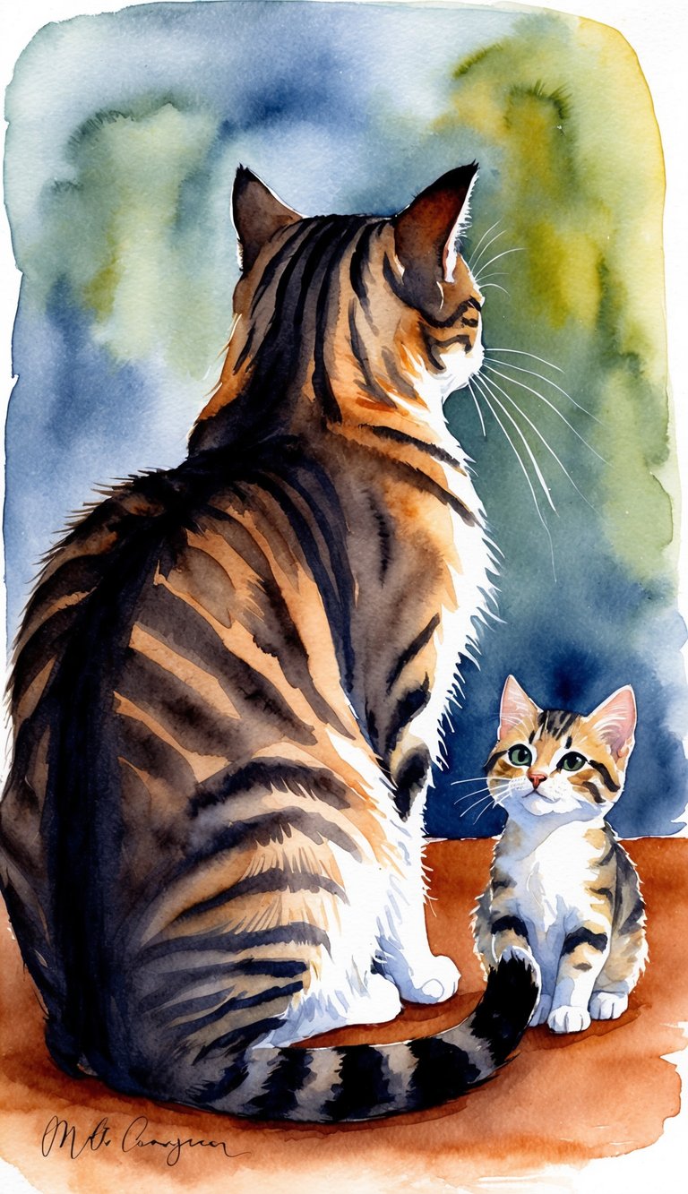 A cat sits with its back turned, a trusting presence nearby