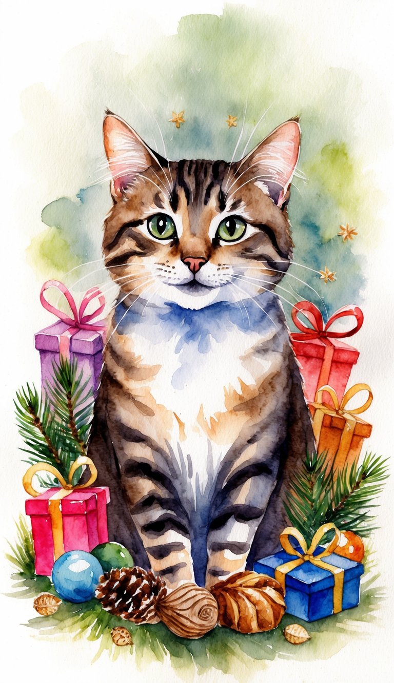 A cat surrounded by a variety of gifts, including toys and natural treasures, with a playful and affectionate expression