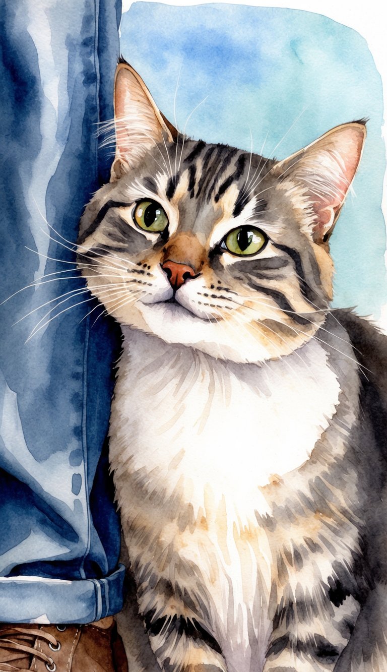 A cat rubbing its head against a person's leg while purring, and making eye contact with a relaxed and content expression