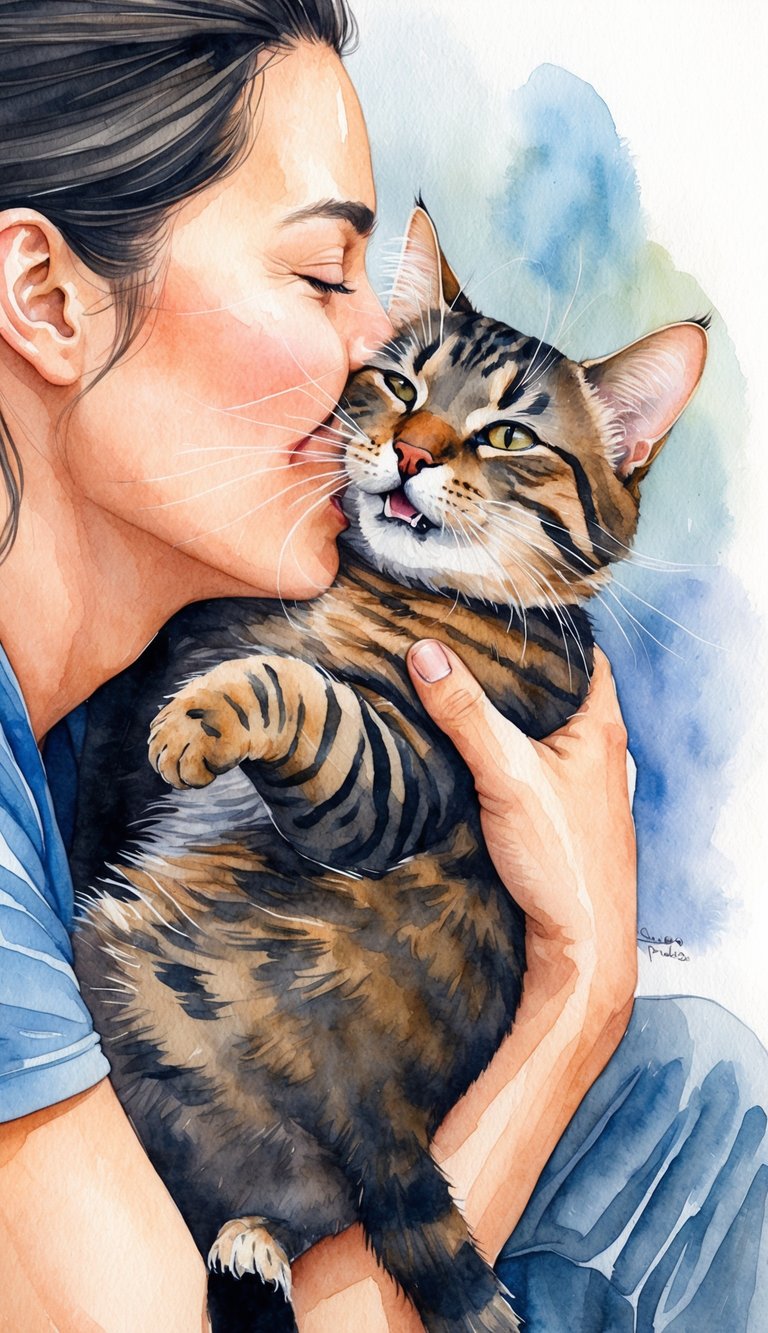 A cat nuzzling against a person's cheek while purring loudly, with their tails wrapped around each other in a loving embrace