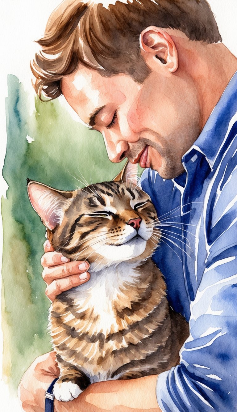 A cat nuzzling up to its owner, purring contentedly as they share a tender moment together