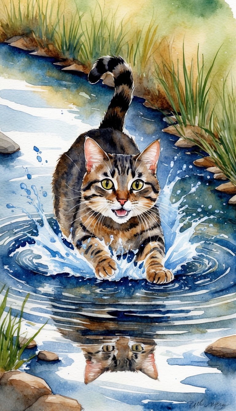 A cat happily splashes in a shallow stream, playfully pawing at the water with a curious expression